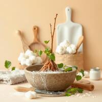 Cotton root plant bowl with salt and green leaves beige table with wooden utensils and cotton photo