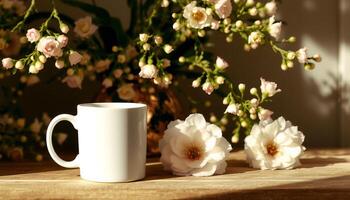 Pristine white mug on wooden table with soft pink flowers and warm sunlight glow photo