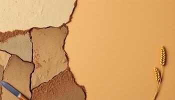 Harmonious earth wall with natural clay and wheat ears on beige background photo