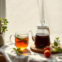 Glass cup of herbal tea with fresh leaves and teapot on wooden table with tomato photo