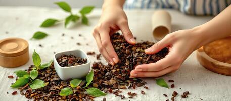 Dried tea leaves with fresh green leaves and hands holding them on white table, natural and calm photo