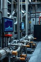 Industrial control system with pipes and digital monitors showing data analytics in factory photo