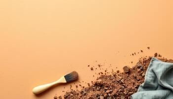 Makeup brush with crushed brown powder and cloth on beige background, soft and calm photo
