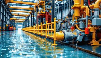 Industrial water management system with yellow pipes and safety railing in factory photo