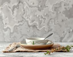White ceramic cup with spoon on plate and fork on cloth with decorative branch photo
