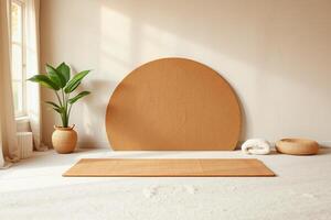 Minimalist yoga mat and plant in bright room with natural light and cozy decor photo