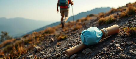 Hiking trail with walking stick and water bottle on rocky ground in nature photo