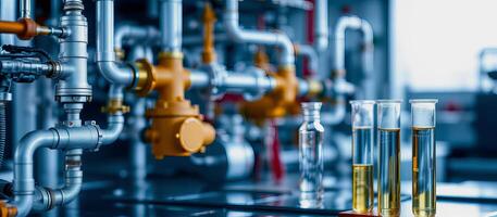 Industrial water analytics with pipes and liquid samples in glass tubes for testing photo