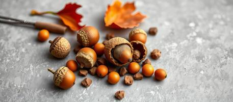 Acorn and autumn leaves on gray surface with warm natural colors and cozy mood photo