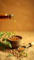 Golden oil pouring into wooden bowl with seeds and spice powder on beige surface photo