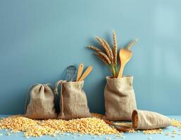 Grain sack with wooden kitchen utensils and wheat stalks blue background with scattered corn photo