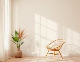 Natural light fills cozy room with wicker chair and decorative plant in woven vase photo