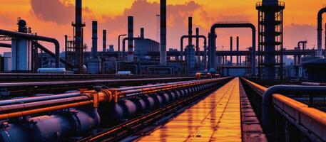 Industrial refinery with pipes and tanks at sunset with vibrant orange sky photo