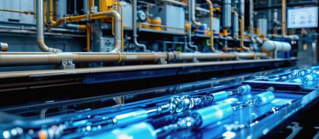 Industrial factory with conveyor belt and machinery pipes in production line environment photo