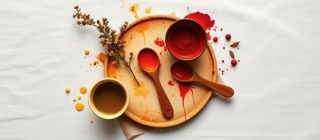 Red and orange paint with wooden spoons and dried flowers round tray creating harmonious photo