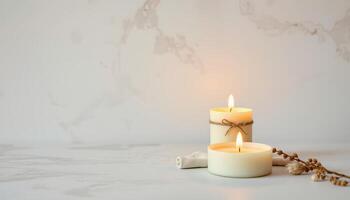 Two lit candles with dried flowers on white marble surface creating calm and warm mood photo