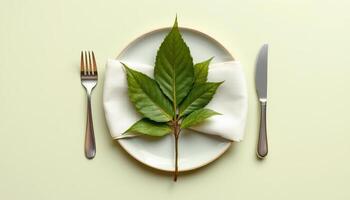 Harmonious linen napkin with green leaf on white plate and silver cutlery photo
