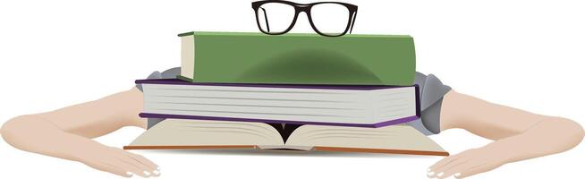 A person is holding a stack of books and wearing glasses vector