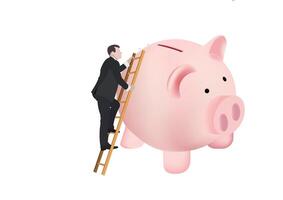 A man climbing a ladder to reach a piggy bank vector