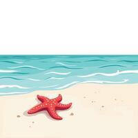 red starfish resting on sandy beach by turquoise ocean waves vector