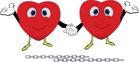 Two hearts holding hands and one is holding a chain vector