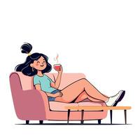 young woman relaxing on sofa with hot beverage enjoying weekend at home vector