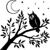 Owl silhouette perched on tree branch in calm pose vector