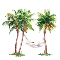 watercolor image three palm trees and Hammock between it png