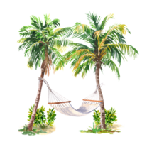 watercolor image two palm and Hammock on it isolated from background png