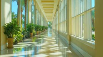 Bright Indoor Walkway Elegant Architecture Lush Greenery Under a LightFilled Ceiling photo