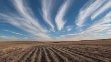 Prairie Sky Striking Clouds Over a Field of Furrows Horizon Bounded by Earth and Heaven photo
