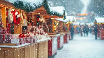 Winters Charm A Snowy Christmas Market Scene with Festive Gifts and Warm Lights photo