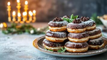 Hanukkah Sufganiyot Festive Doughnuts with Chocolate and Powdered Sugar Delight photo