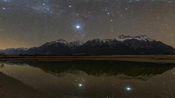 Reflections of Night Mountains Mirror Stars Beneath a Celestial Canvas photo