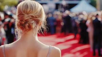 Red Carpet Glamour A Blonde Updo at a Celebrity Event Focus on Rear View Crowd in Background photo