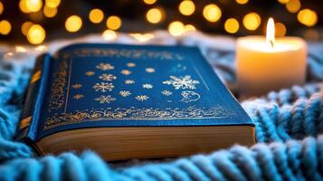 Winter Reading Cozy Book and Candle on a Knitted Blanket with Bokeh Lights for Relaxation and Winter Warmth photo