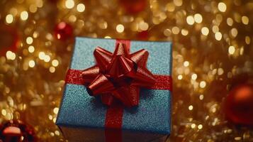 Festive Gift Shimmering Blue Box with Red Bow on Golden Lights Backdrop photo