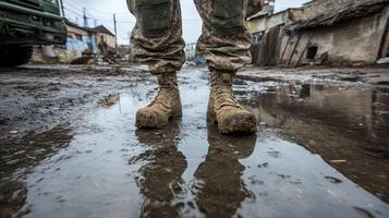 On Patrol A Soldier's Boots Reflected in War-Torn Streets photo