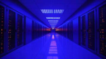 Blue Data Center A Hallway of Servers and Reflection Data Storage Hub photo