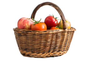 Al generated wicker basket with apples and tomatoes isolated on transparent background png