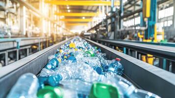 Plastic Bottle Recycling Process Conveyor Belt System in a Processing Plant for Sorting photo