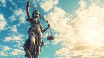 Lady Justice Statue with Balance Scales Symbol of Law Order and Fairness against Sky photo