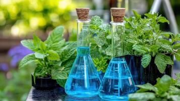 Herbal Science Blue Liquid in Flasks Surrounded by Fresh Herbs and Lush Greenery photo