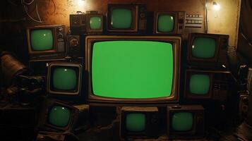 Obsolete Media A Stack of Vintage Televisions with Glowing Green Screens in a Dimly Lit Space photo