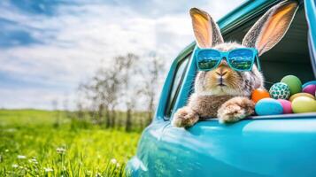 Cool Easter Bunny Road Trip Ready for Some Fun with Colorful Eggs and a Sweet Ride photo
