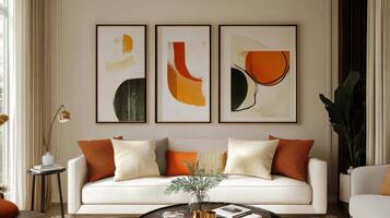 Sophisticated Living Room with Abstract Art and Warm Accents Modern Interior Design photo