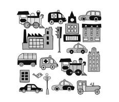 A black and white illustration of various vehicles vector