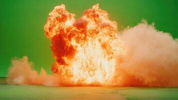 Explosive Brilliance A Fiery Inferno Against a Green Screen Backdrop Showcasing Raw Power and Destructive Beauty photo