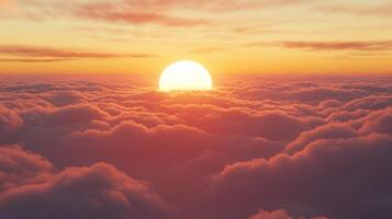 Golden Hour Above the Clouds Sunset Sky with Glowing Sun and Soft Pink Clouds Stretching to the Horizon photo
