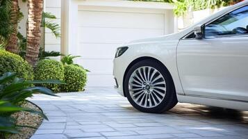 White Car Elegance Detail of Sedan on Paved Driveway with Lush Greenery Backdrop and Modern White Garage photo